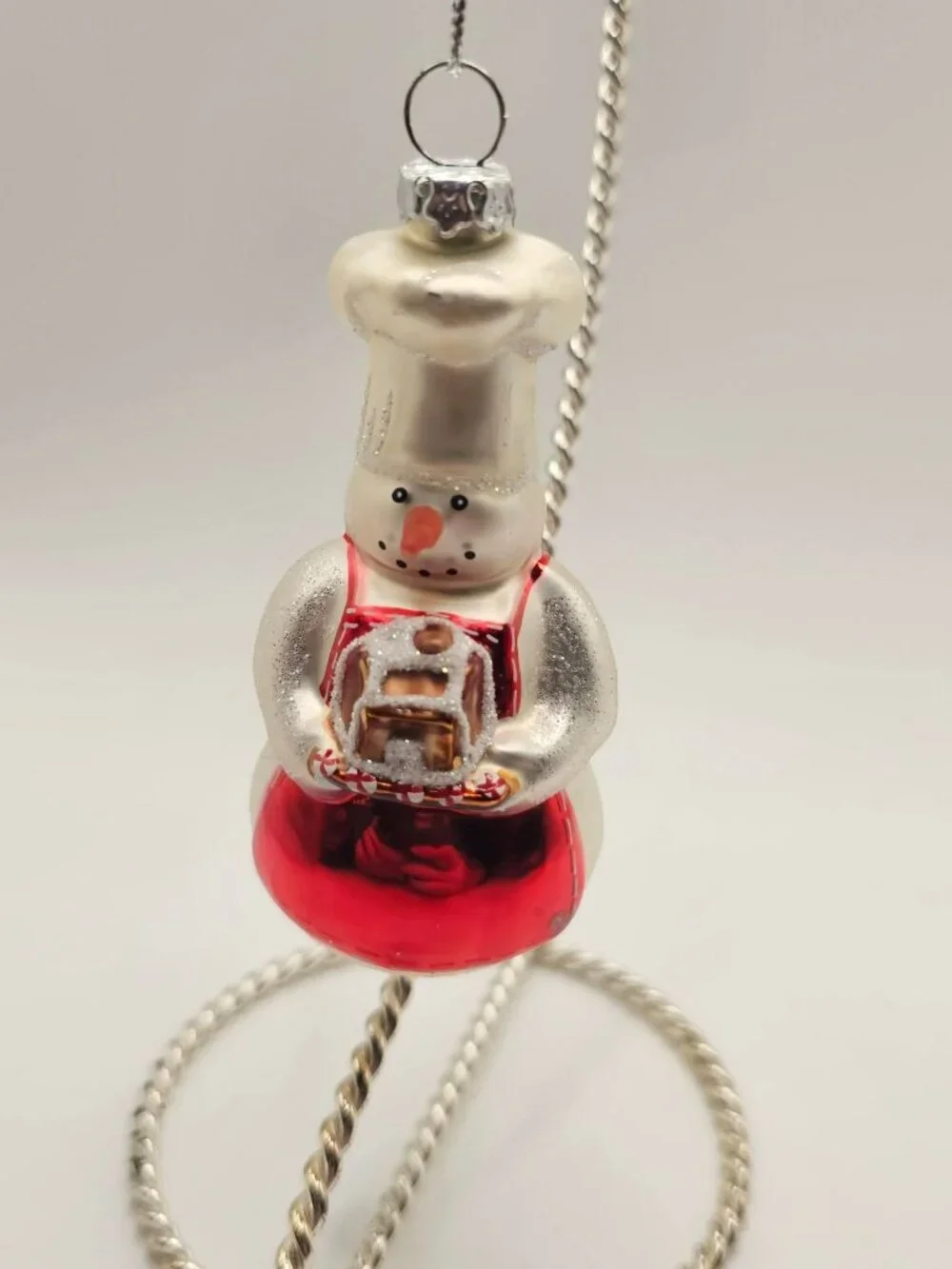Williams Sonoma Snowman Ornament Holding Gingerbread House With Red Apron & Chef